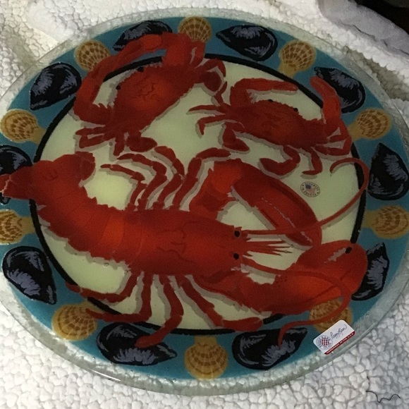 (Host Pick) Peggy Karr RARE Lobster&crabs Artist Glass 16” Round Serving Platter - Picture 3 of 6